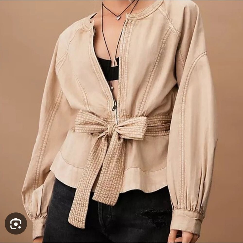 By Anthropologie Belted Round Neck Utility Jacket Tan Brown Size XL Sand Sable